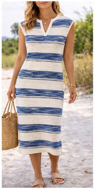 LOFT Outlet Blue White Striped Nautical Midi Dress Size Small Cotton Knit